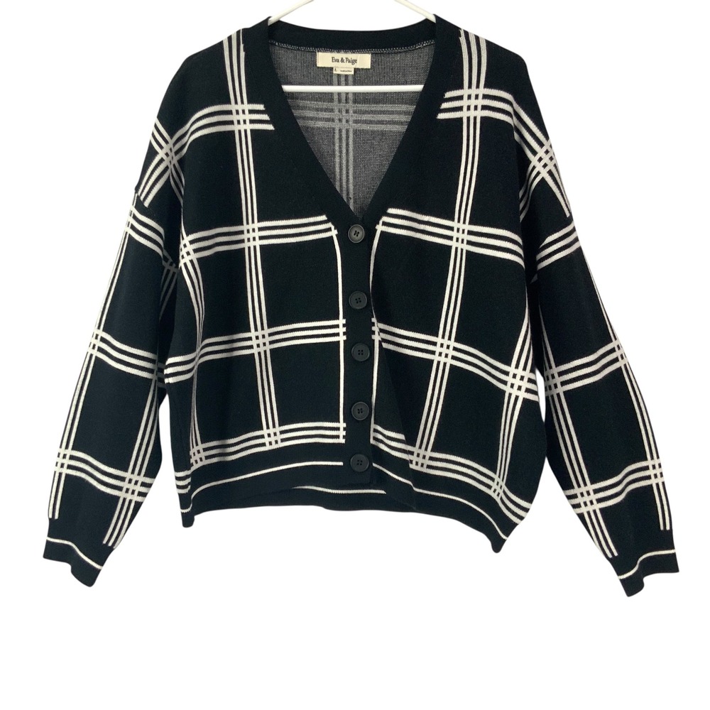 Eva & Paige Black White Plaid Knit Button Front Cardigan Sweater Women's Large